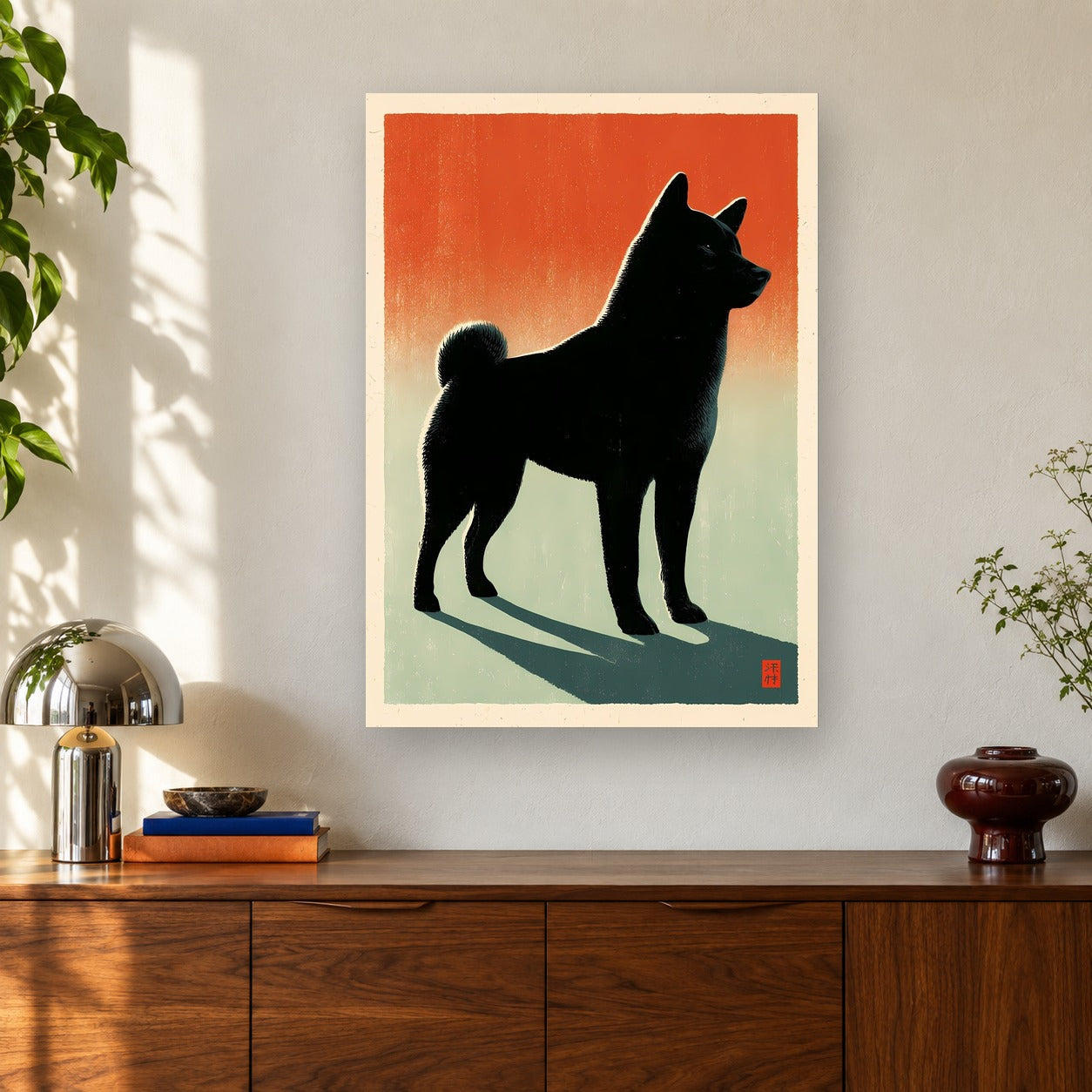 Black Shiba shown on a wall