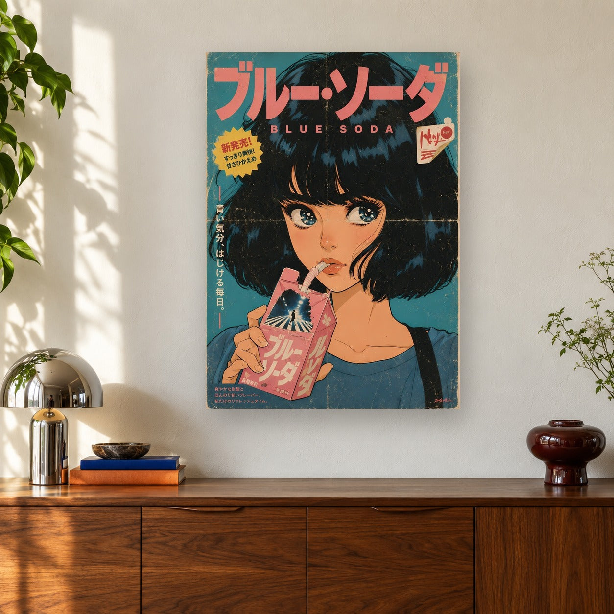 Blue Soda shown on a wall