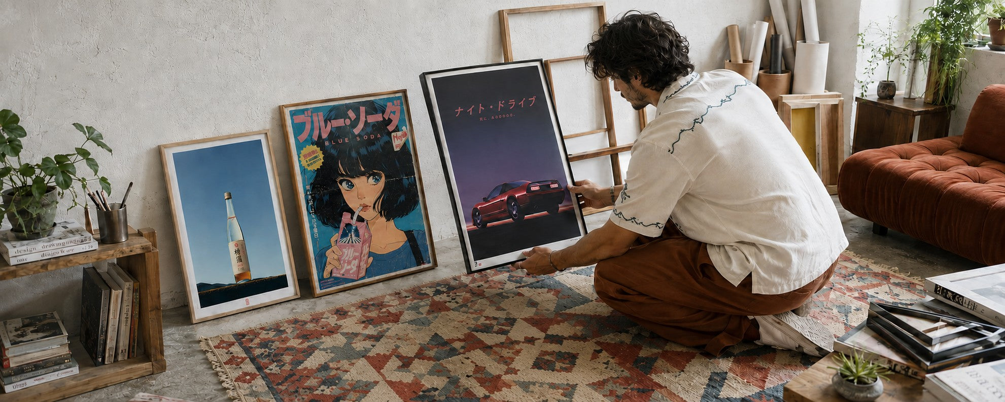 A VOL.44 gallery wall of original Japanese-style posters in a sunlit living room